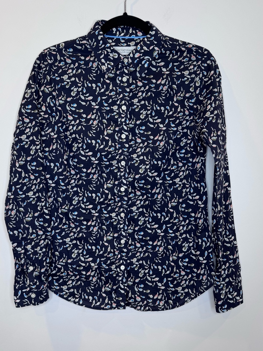 Simon Liberty art fabrics swimming fish navy shirt sz XS